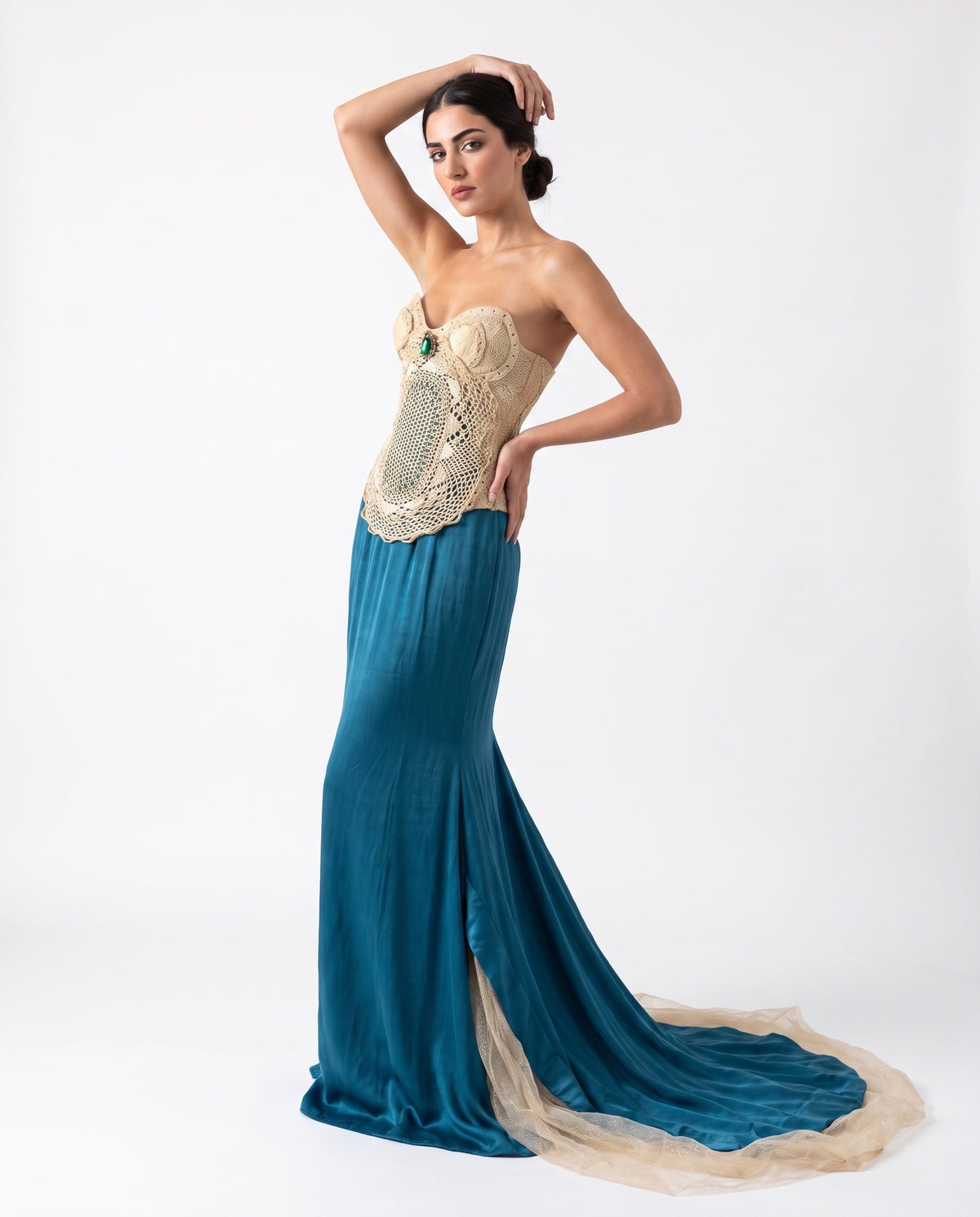Mermaid Evening Gown — Teal Silk Satin Strapless with Gold Tulle Train