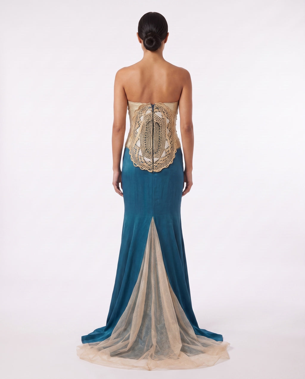 Mermaid Evening Gown — Teal Silk Satin Strapless with Gold Tulle Train