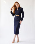 Two-Piece Set — Navy Peplum Top and Pencil Skirt, Jewelled Collar