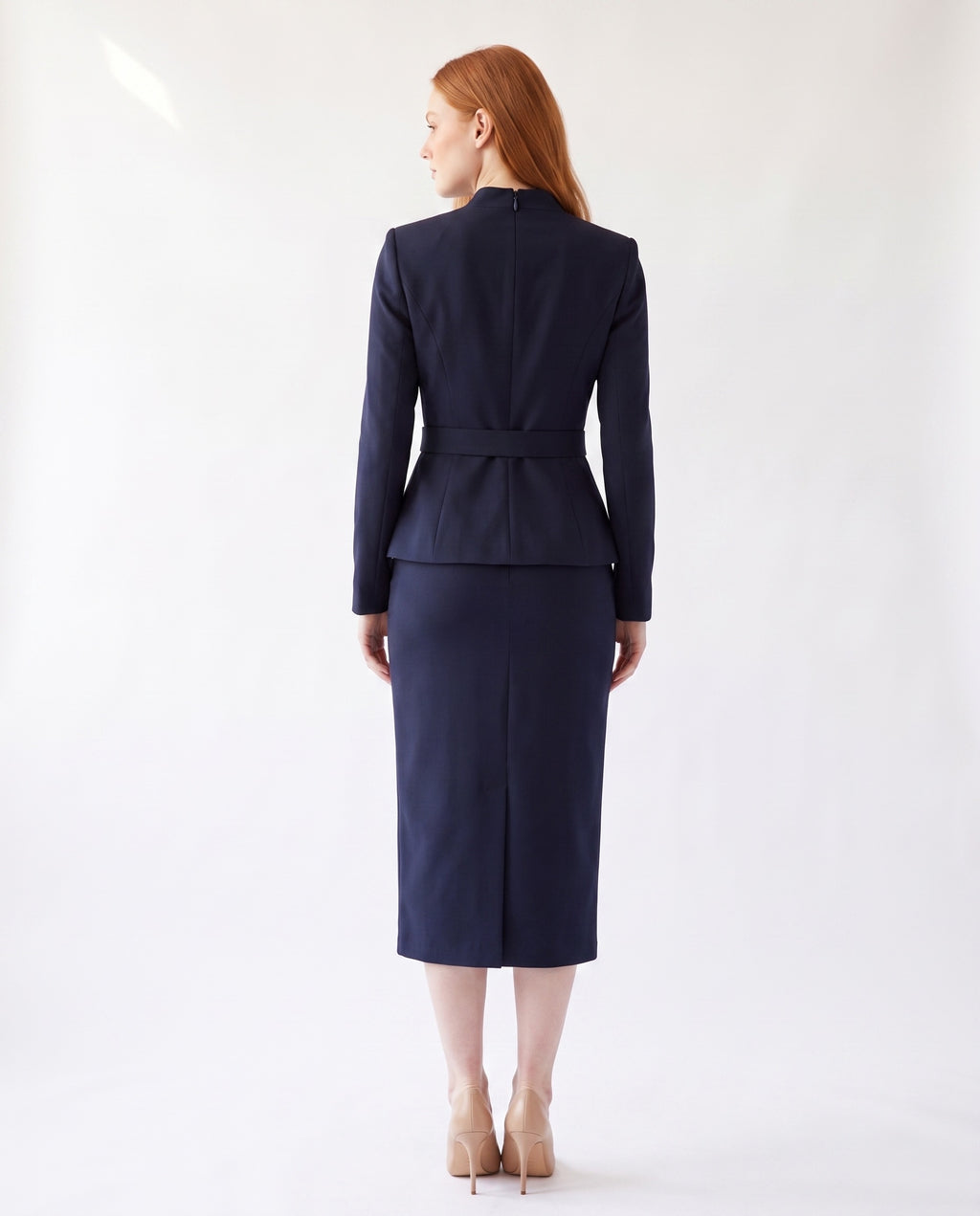 Two-Piece Set — Navy Peplum Top and Pencil Skirt, Jewelled Collar