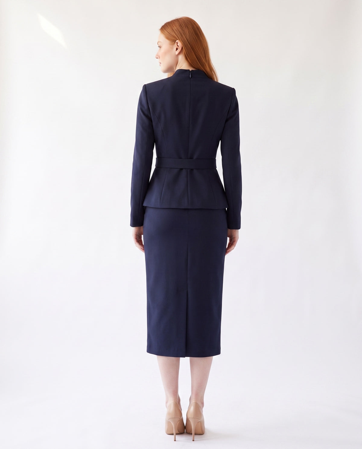 Two-Piece Set — Navy Peplum Top and Pencil Skirt, Jewelled Collar