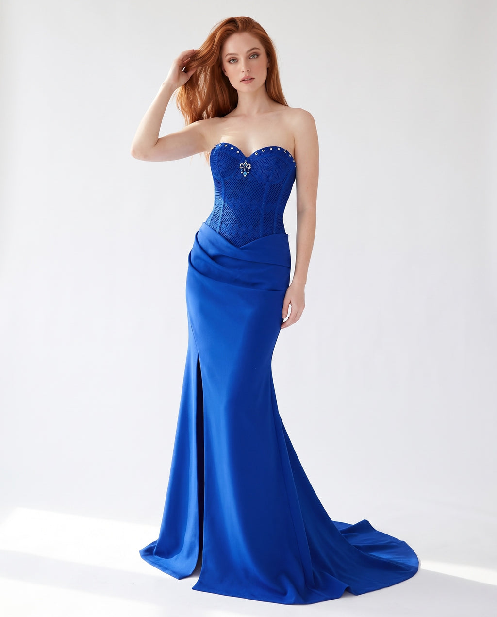 Mermaid Evening Gown — Royal Blue Strapless Corset with Train
